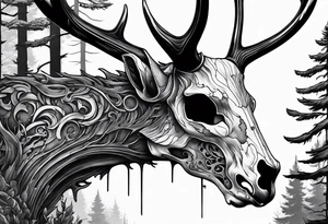 A side profile of decayed deer skull in a forest fire tattoo idea