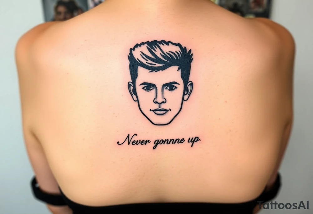 Rick Astley's Face outline with text "Never Gonna Give You Up" tattoo idea