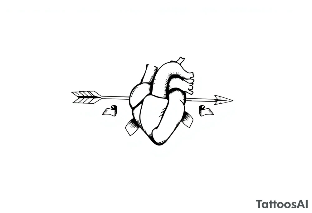 anatomical heart pierced by ornate arrow with flowing ribbons tattoo idea