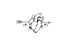 anatomical heart pierced by ornate arrow with flowing ribbons tattoo idea