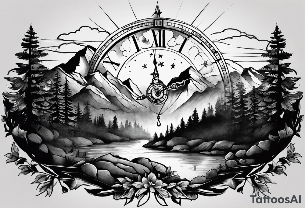 Half sleeve. View from the base of the mountains looking up to the sun. The sun is a clock that reads 12:01 to signify a new day. I want a clock tower in the middle of the mountains with the times my two sons were born. This tattoo represents overcoming massive obstacles and becoming a better person. tattoo idea