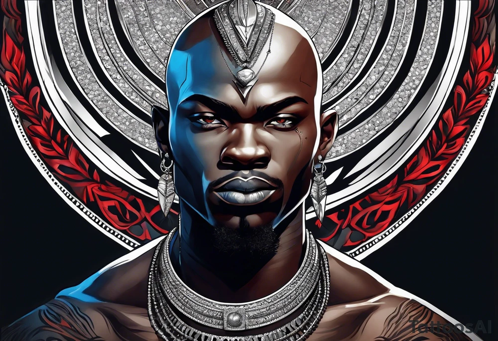 Black-skinned bald african warrior. He wears a simple and small silver crown. He uses two simple necklaces: one blue, other red. tattoo idea