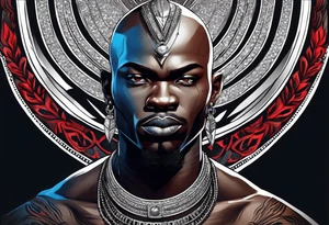 Black-skinned bald african warrior. He wears a simple and small silver crown. He uses two simple necklaces: one blue, other red. tattoo idea