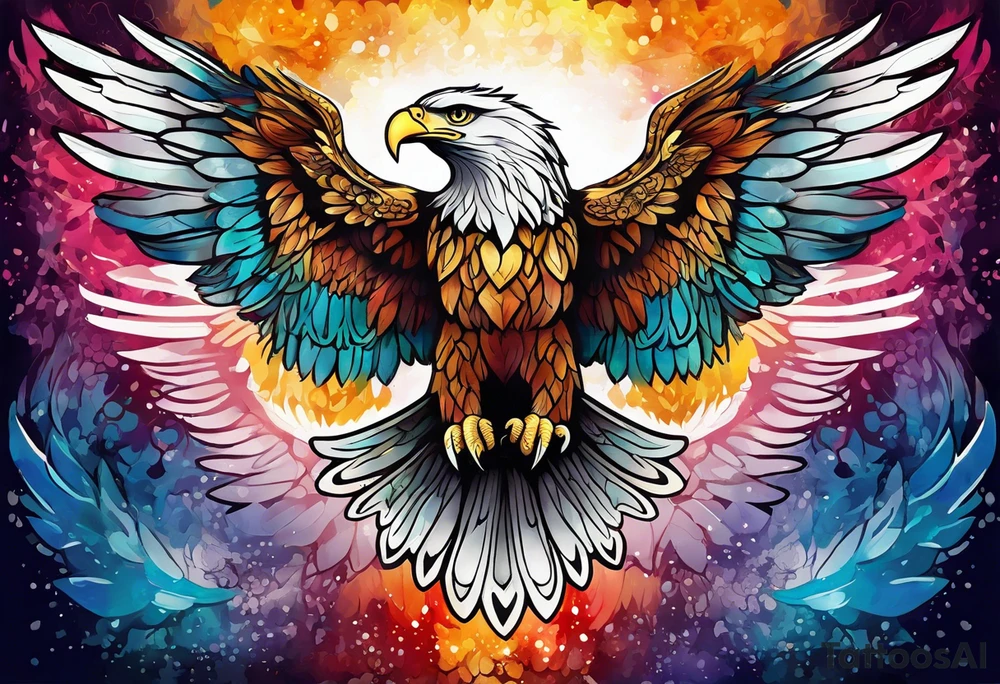 Feminine celtic Eagle with wings spread upwards. Colourful background, splashes on colour tattoo idea