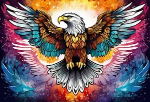 Feminine celtic Eagle with wings spread upwards. Colourful background, splashes on colour tattoo idea