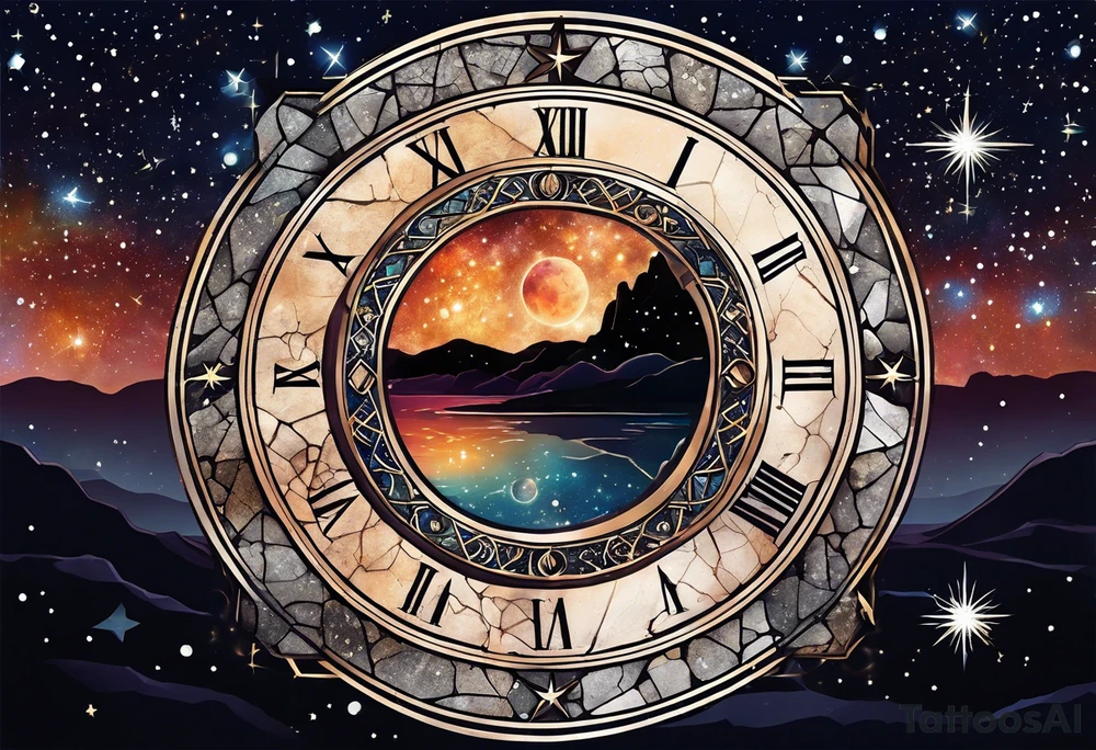 Matter, energy, space, time with an old stone theta symbol and a star-filled night in the background with a Scorpio constellation tattoo idea