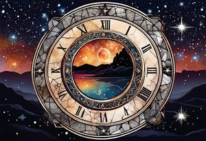 Matter, energy, space, time with an old stone theta symbol and a star-filled night in the background with a Scorpio constellation tattoo idea