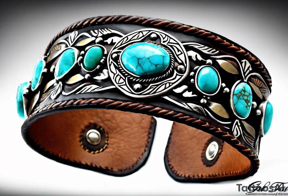 Leather Tooled Cuff Western with turquoise Jewls a stock tag with G/L on it and the words "I do not and will not fear tomorrow because I feel as though today has been enough. tattoo idea