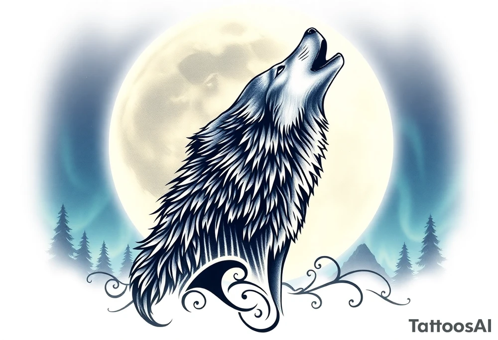 lone wolf howling at full moon with northern lights backdrop tattoo idea