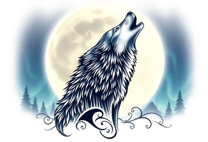 lone wolf howling at full moon with northern lights backdrop tattoo idea