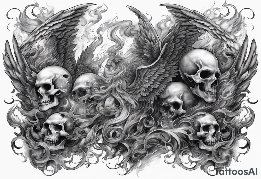 Angels fighting demons full sleeve with skulls and fire and smoke for filler tattoo idea
