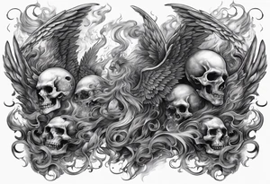 Angels fighting demons full sleeve with skulls and fire and smoke for filler tattoo idea