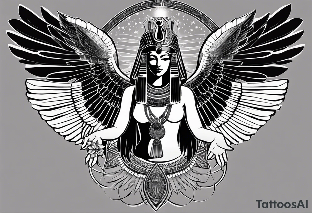 black and white Egyptian goddess Isis, who is often depicted as a woman with outstretched wings, holding an ankh (a symbol of life) in one hand and a lotus flower in the other. Her headdress often includes a throne or a solar disk. The tattoo design can vary in style and size, but it typically aims to capture the essence of this revered Egyptian deity, emphasizing her beauty, power, and maternal qualities. The choice of colors and additional elements can also be customized to create a unique and visually striking representation of the goddess Isis tattoo idea
