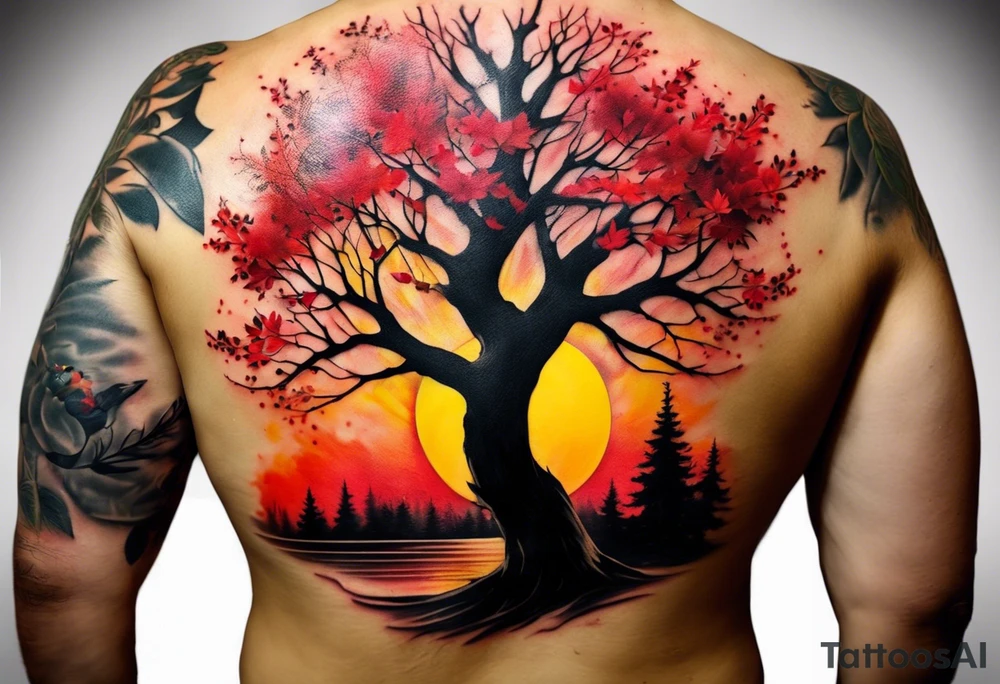 trash polka style. Arm tattoo. chest tattoo. Long tattoo. large tattoo. Full sleeve. Shoulder. A single large maple tree with red autumn leaves that branches upwards from wrist to shoulder. White-throated dipper bird on the trees branches. Calluna flowers at the base of the trees stem. Red/yellow sunset behind the trees stem. Leaves falling. tattoo idea