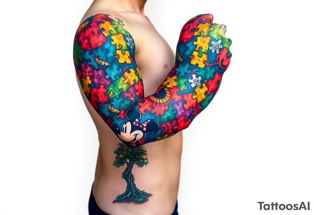 autism puzzle full color left arm sleeve completely covering full arm including Mickey Mouse and tree to start the bottom of the sleeve tattoo idea