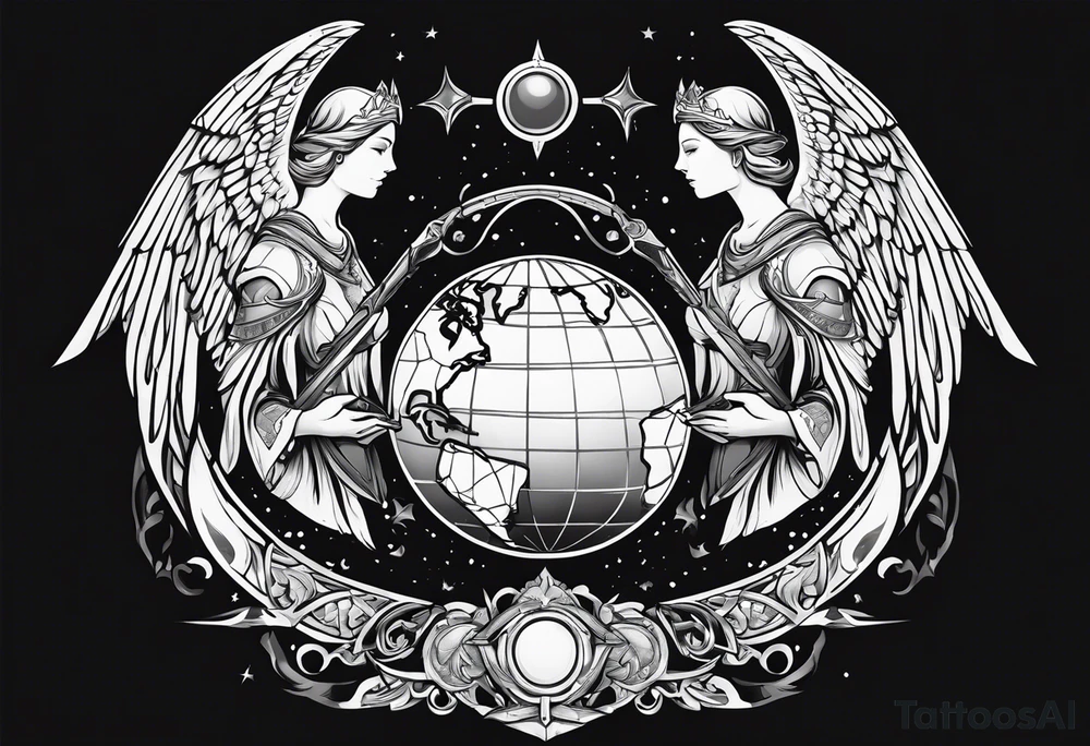 Two angels, one with a flaming sword in one hand, the other with a shield, and both hold the planet Earth with the other hand. tattoo idea