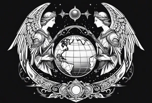 Two angels, one with a flaming sword in one hand, the other with a shield, and both hold the planet Earth with the other hand. tattoo idea