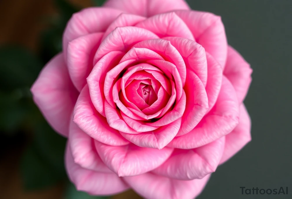 The pink rose appears as if viewed through a mesmerizing kaleidoscope, with its delicate petals radiating outward in a perfectly symmetrical, fractal-like pattern. Shades of soft blush and vibrant magenta blend seamlessly, creating a hypnotic, almost surreal visual effect that draws the eye deeper into its intricate layers. The petals seem to fold and reflect infinitely, forming geometric shapes that shift and transform, giving the rose an ethereal, dreamlike quality. tattoo idea