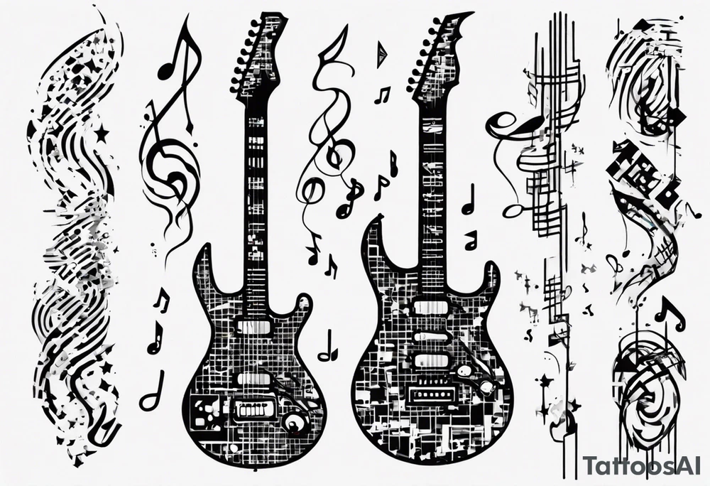 Create a unique tattoo design inspired by my passion for the electric guitar and video games. It could be an abstract representation of musical notes and pixel graphics. tattoo idea