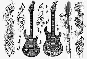 Create a unique tattoo design inspired by my passion for the electric guitar and video games. It could be an abstract representation of musical notes and pixel graphics. tattoo idea