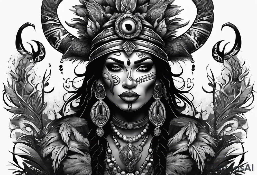 witch doctor, finely detailed, full bodied, dark fantasy style tattoo idea