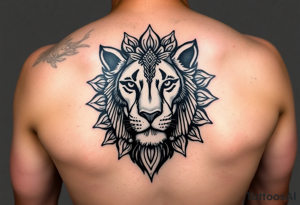 a female lion with half of her face as a messy mandala tattoo idea