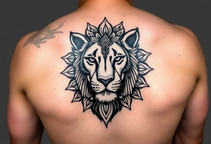 a female lion with half of her face as a messy mandala tattoo idea