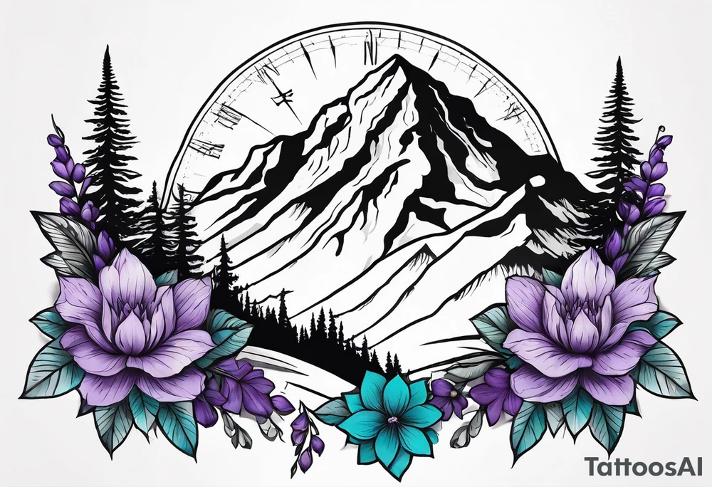 I’d like a half sleeve tattoo on my shoulder. It features a mountain range, with a compass rose rising up from behind the mountain like a sunrise. In front of the mountains, there are purple and teal flowers. tattoo idea