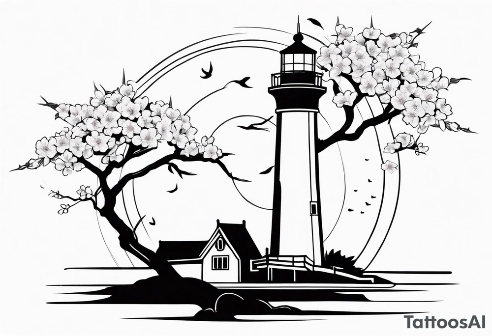 cherry blossom with lighthouse tattoo idea