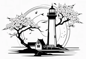 cherry blossom with lighthouse tattoo idea