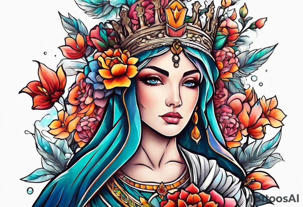 Goddess of justice with flowers tattoo idea