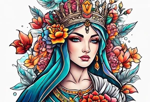 Goddess of justice with flowers tattoo idea