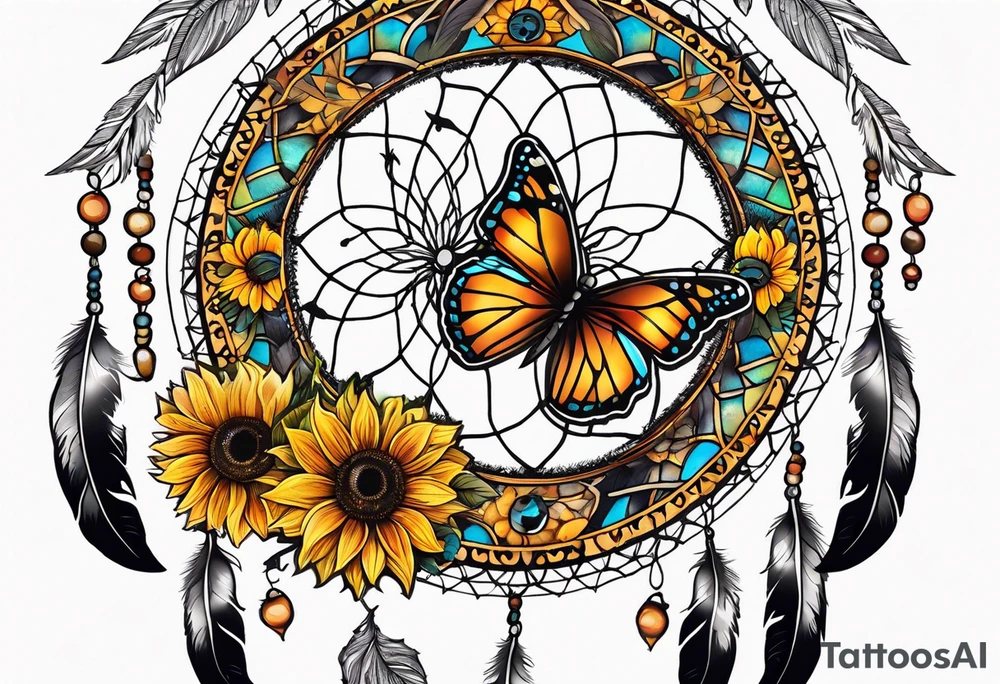 Dream catcher with sunflower in back ground with butterflies tattoo idea
