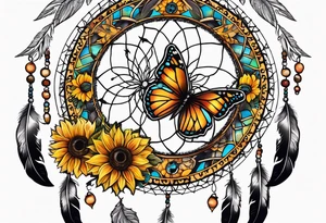 Dream catcher with sunflower in back ground with butterflies tattoo idea