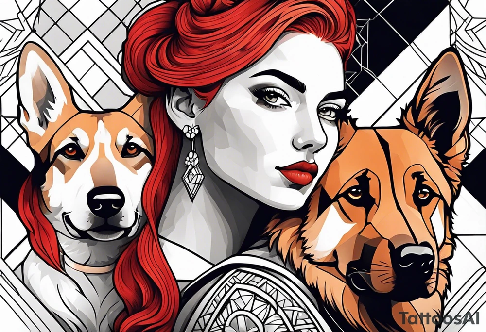 red hair woman with German shepherd dog tattoo idea