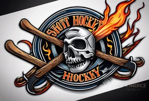 puck with crossed hockey sticks in the background and flames that says "SHOT HOCKEY" tattoo idea