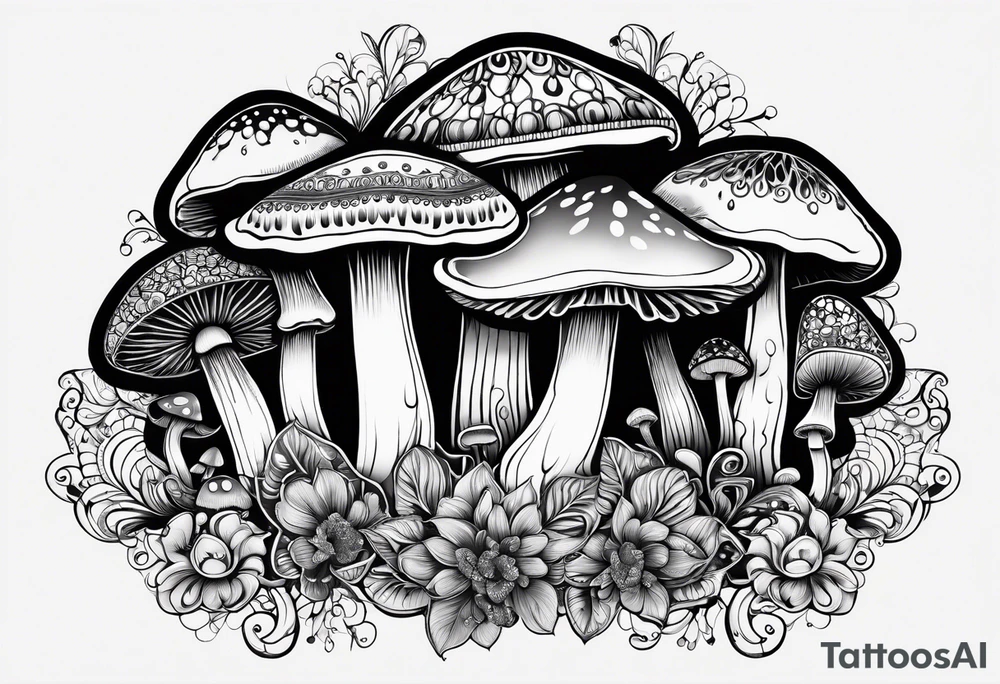 Large Shaggy cap mushroom dripping ink off cap with 4 smaller mushrooms around it mandala henna black tattoo design tattoo idea