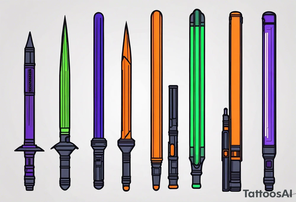 blue lightsaber, green lightsaber, orange lightsaber, purple lightsaber tattoo idea
