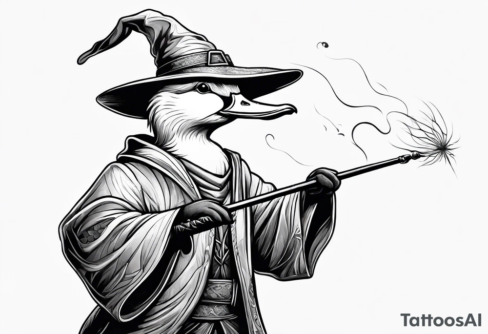 Dabbling Duck dressed like a wizard casting a spell with his wand tattoo idea