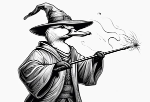 Dabbling Duck dressed like a wizard casting a spell with his wand tattoo idea