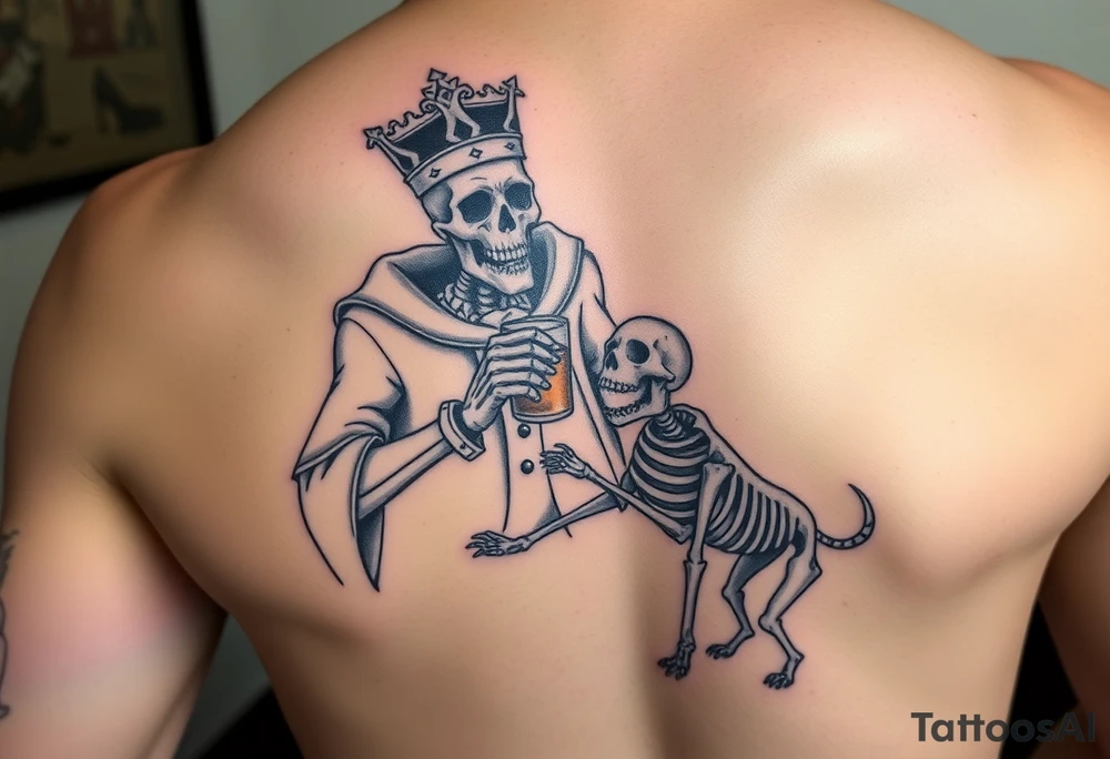 evil skeleton king in clothes having a good time getting drunk with skeleton dog tattoo idea
