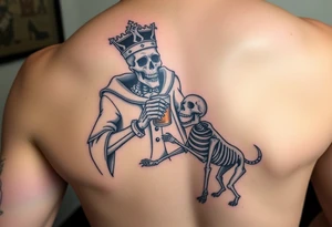 evil skeleton king in clothes having a good time getting drunk with skeleton dog tattoo idea