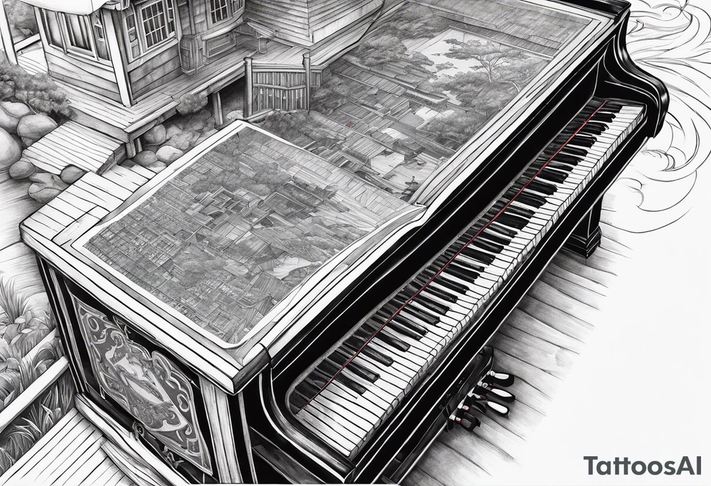 Japanese building, boat dock, guitar, piano tattoo idea