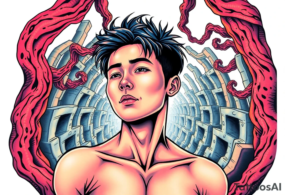 Handsome Asian young guy lost in a cursed labyrinth tattoo idea