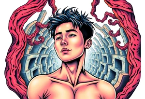 Handsome Asian young guy lost in a cursed labyrinth tattoo idea