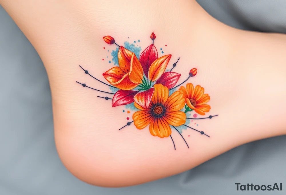 a colorful, vibrant, watercolor tattoo with one red rose, one orange lily, one gold marigold, and one orange cosmos flower and with splashes of color tattoo idea