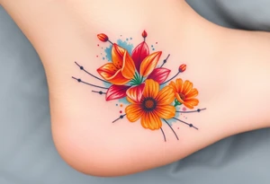 a colorful, vibrant, watercolor tattoo with one red rose, one orange lily, one gold marigold, and one orange cosmos flower and with splashes of color tattoo idea