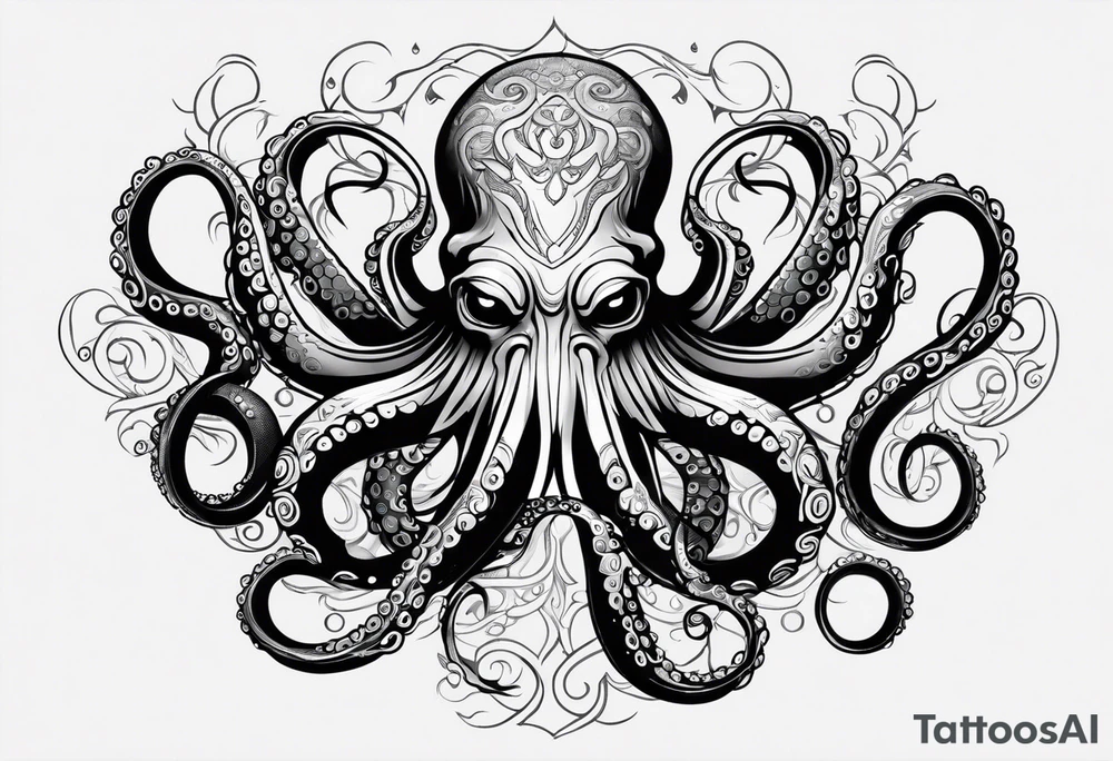Tribal half sleeve. octopus surrounded by ribbons of water waves filled with fish. the octopus has no eyes. Use thick lines only with less detail. tattoo idea