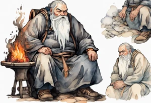 a large Medieval man with a grey beard scowling sitting by the hearth tattoo idea