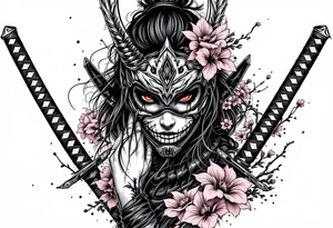 Woman samurai with red eyes wearing an half and broken kitsune mask, holding 
two katana and Sakura flowers ornement
Tatoo is for upper arm tattoo idea